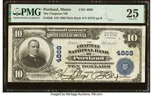 image for: Portland, ME - $10 1902 Plain Back Fr. 630 The Chapman National Bank Ch. # 4868 PMG Very Fine 25....