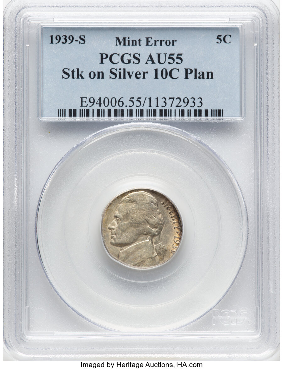 image for: 1939-S 5C Jefferson Nickel Reverse of 1940 -- Struck on Silver 10C Planchet -- AU55 PCGS. PCGS Population: (6/280)....