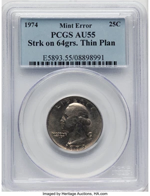 image for: 1974 25C Washington Quarter -- Struck on Thin Planchet -- AU55 PCGS. 64 grams. PCGS Population: (4/610). Mintage 801,...