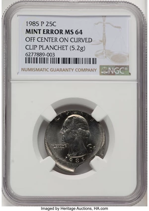 image for: 1985-P 25C Washington Quater -- Off-Center on Curved Clip Planchet -- MS64 NGC. (5.2 grams). Mintage 775,818,962....