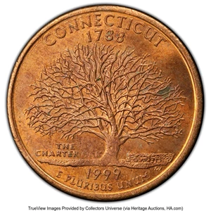image for: 1999-D 25C Connecticut -- Reverse Clad Layer Missing -- MS62 PCGS. PCGS Population: (12/2631 and 0/10+). NGC Census: (4/228...