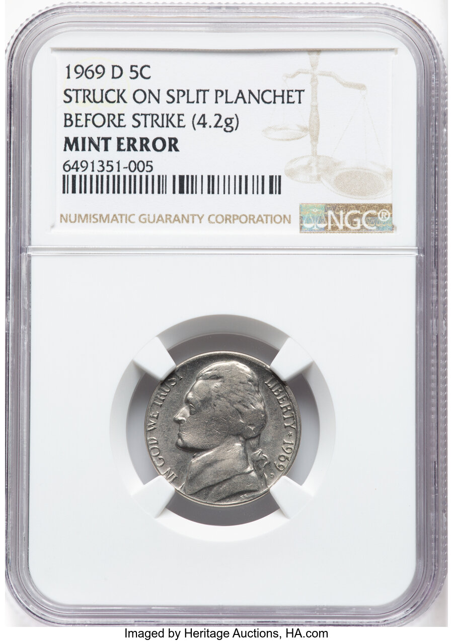 image for: 1969-D 5C Jefferson Nickel -- Struck on Split Planchet Before Strike -- NGC. 4.2 grams. ...