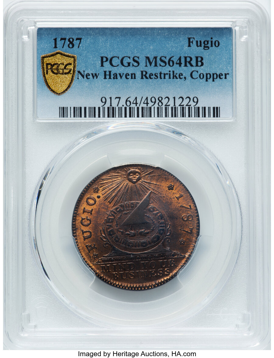 image for: 1787 1C Fugio Cent, New Haven Restrike, Copper, N. 104-FF, W-17560, R.3, MS64 Red and Brown PCGS. PCGS Population: (19/21 a...