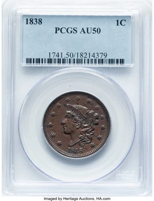 image for: 1838 1C N-1, R.1, AU50 PCGS. PCGS Population: (83/700). Mintage 6,370,200....