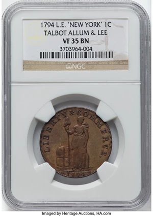 image for: 1794 Talbot, Allum, & Lee Cent, NEW YORK, VF35 NGC. Fuld-2, W-8570, Rulau-E-NY-878A, R.1. Lettered Edge. Large ampersand. NG...