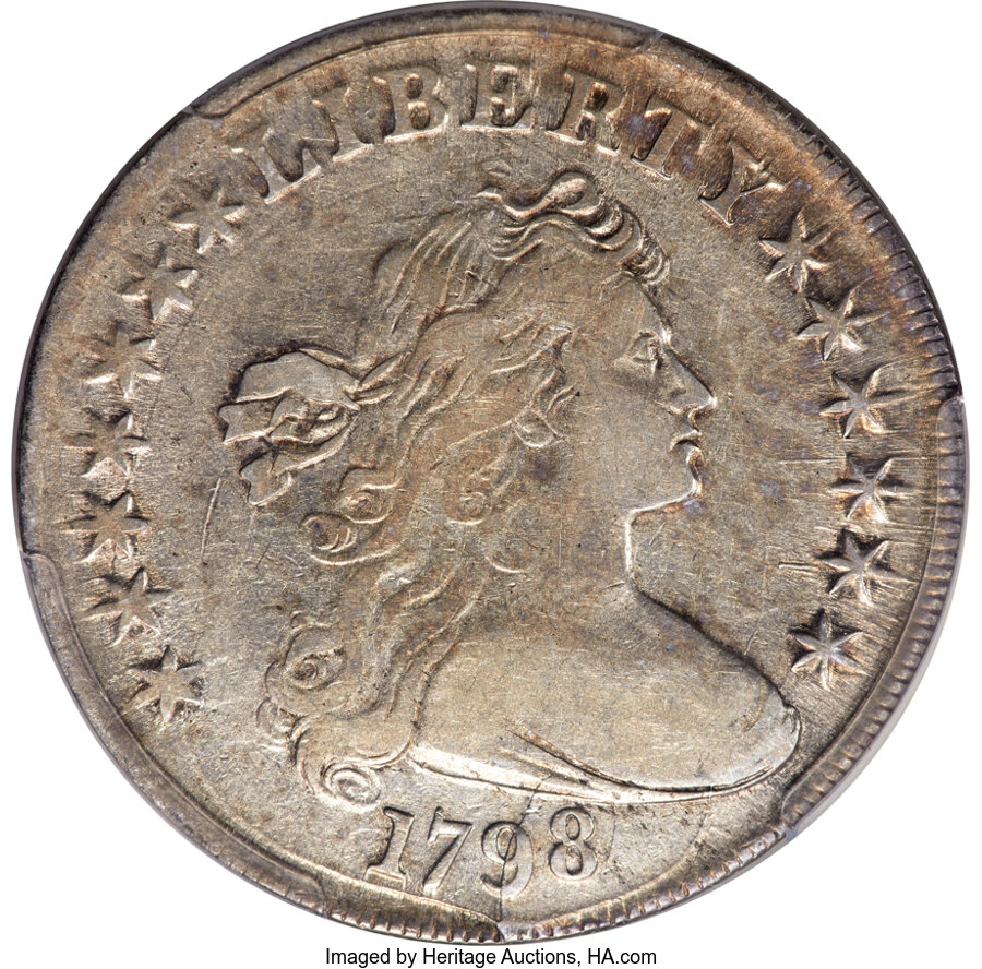 image for: 1798 $1 Large Eagle, Pointed 9, Close Date, 4 Lines, B-29, BB-119, R.4, VF25 PCGS....