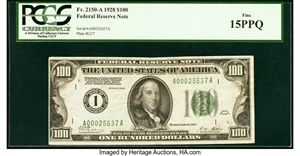 image for: Fr. 2150-A $100 1928 Federal Reserve Note. PCGS Fine 15PPQ....
