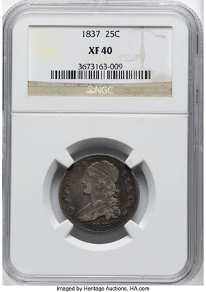 image for: 1837 25C B-2, R.1, XF40 NGC. NGC Census: (30/182). Mintage 252,400....