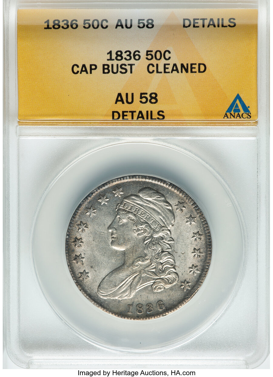 image for: 1836 50C Capped Bust, Lettered Edge, O-117, R.3  -- Cleaned -- ANACS Details. AU58.  Mintage 6,545,000....