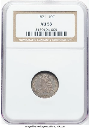 image for: 1821 10C Small Date, JR-8, R.2, AU53 NGC. NGC Census: (6/105). Mintage 1,186,512....