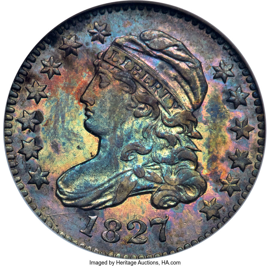 image for: 1827 10C Pointed Top 1, JR-6, R.2, MS62 NGC. Housed in a Generation 5 NGC holder, circa 1992 to 1995. NGC Census: (27/101)....