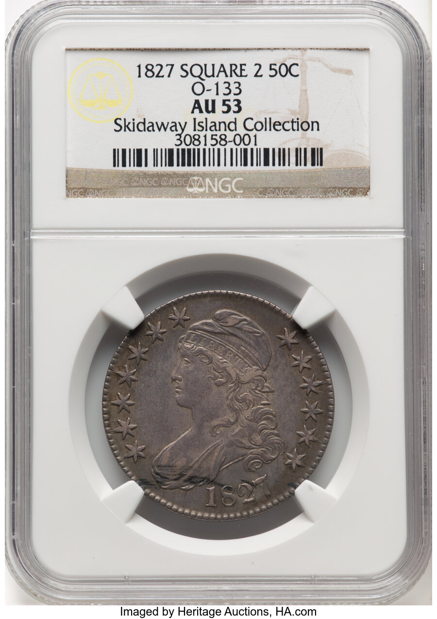 image for: 1827 50C Square Base 2, O-133, R.4, AU53 NGC. Ex: Skidaway Island Collection. NGC Census: (3/5). PCGS Population: (3/7). CD...