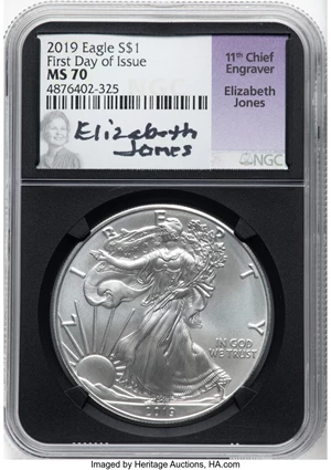 image for: 2019 $1 Silver Eagle, First Day of Issue MS70 NGC. Hand-signed, Elizabeth Jones....