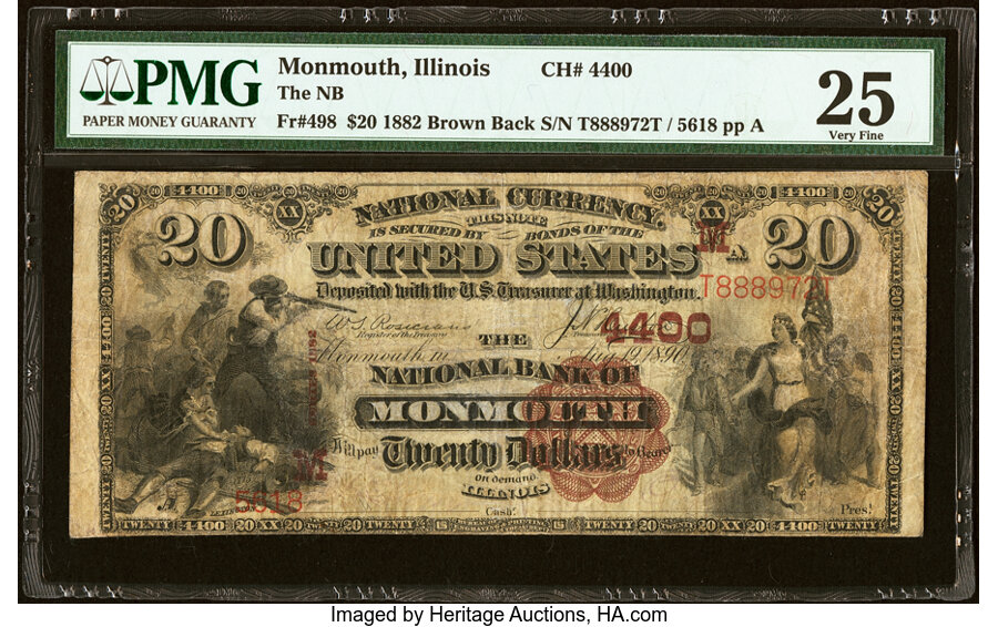 image for: Monmouth, IL - $20 1882 Brown Back Fr. 498 The National Bank of Monmouth Ch. # (M)4400 PMG Very Fine 25....