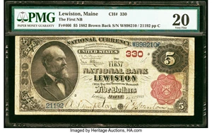 image for: Lewiston, ME - $5 1882 Brown Back Fr. 466 The First National Bank Ch. # 330 PMG Very Fine 20....