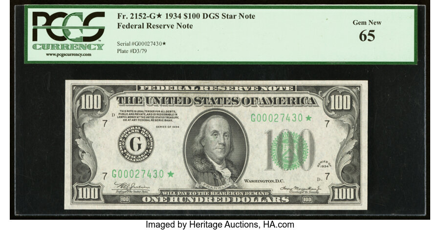 image for: Fr. 2152-G* $100 1934 Federal Reserve Star Note. PCGS Gem New 65....
