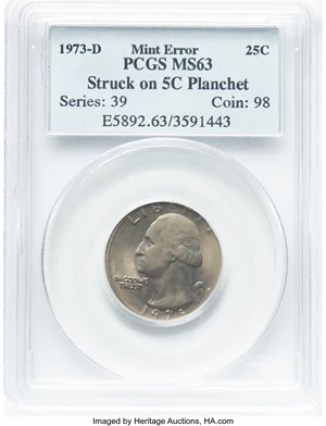 image for: 1973-D 25C Washington Quarter -- Struck on 5C Planchet -- MS63 PCGS. PCGS Population: (20/620). Mintage 232,977,400....