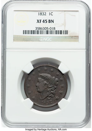 image for: 1832 1C Large Letters, N-3, R.1, XF45 NGC. NGC Census: (9/61). Mintage 2,362,000....