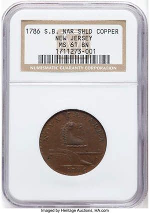 image for: 1786 New Jersey Copper, Straight Plow Beam, M. 14-J, W-4810, R.1, MS61 Brown NGC....