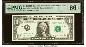 image for: Low Serial Number 42 Fr. 1907-J $1 1969D Federal Reserve Note. PMG Gem Uncirculated 66 EPQ....