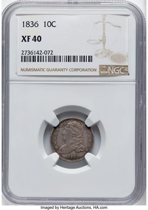 image for: 1836 10C JR-2, R.2, XF40 NGC. NGC Census: (13/209). Mintage 1,190,000....