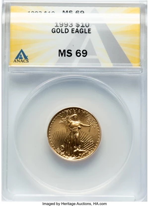 image for: 1993 $10 Quarter-Ounce Gold Eagle MS69 ANACS. ...