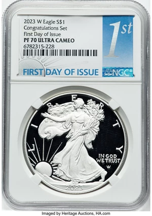 image for: 2023-W $1 Silver Eagle, Congratulations Set, First Day of Issue, PR70 Ultra Cameo NGC. ...