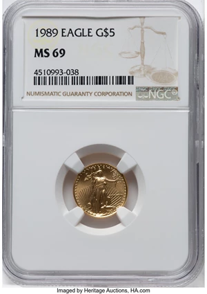 image for: 1989 $5 Tenth-Ounce Gold Eagle MS69 NGC. Mintage 264,790. ...