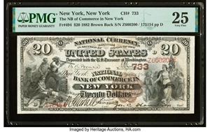 image for: New York, NY - $20 1882 Brown Back Fr. 494 The National Bank of Commerce Ch. # 733 PMG Very Fine 25....