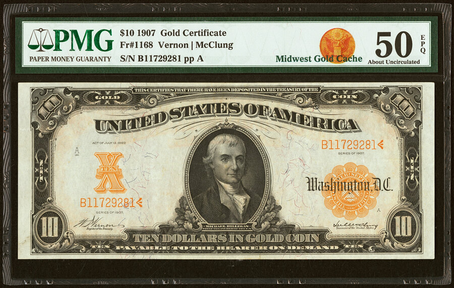 image for: Fr. 1168 $10 1907 Gold Certificate PMG About Uncirculated 50 EPQ....