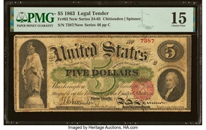image for: Fr. 63 $5 1863 Legal Tender PMG Choice Fine 15....