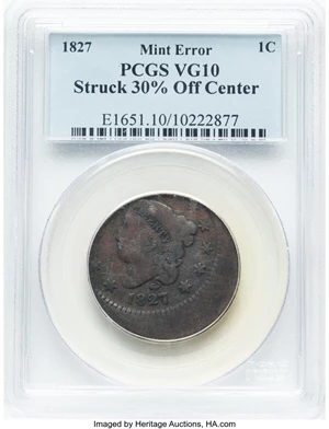 image for: 1827 1C Large Cent, N-3, R.2 -- Struck 30% Off Center -- VG10 PCGS....