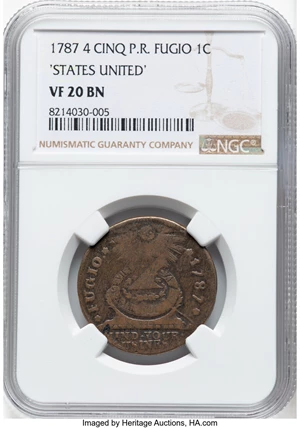 image for: 1787 Fugio Cent, STATES UNITED, 4 Cinquefoils, Pointed Rays, N. 15-H, W-6890, R.4, VF20 NGC....