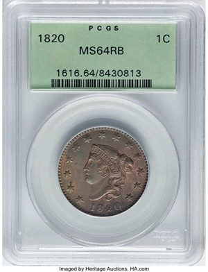 image for: 1820 1C Large Date, N-13, R.1, MS64 Red and Brown PCGS. This piece is housed in a Generation 3.1 green label holder. PCGS P...