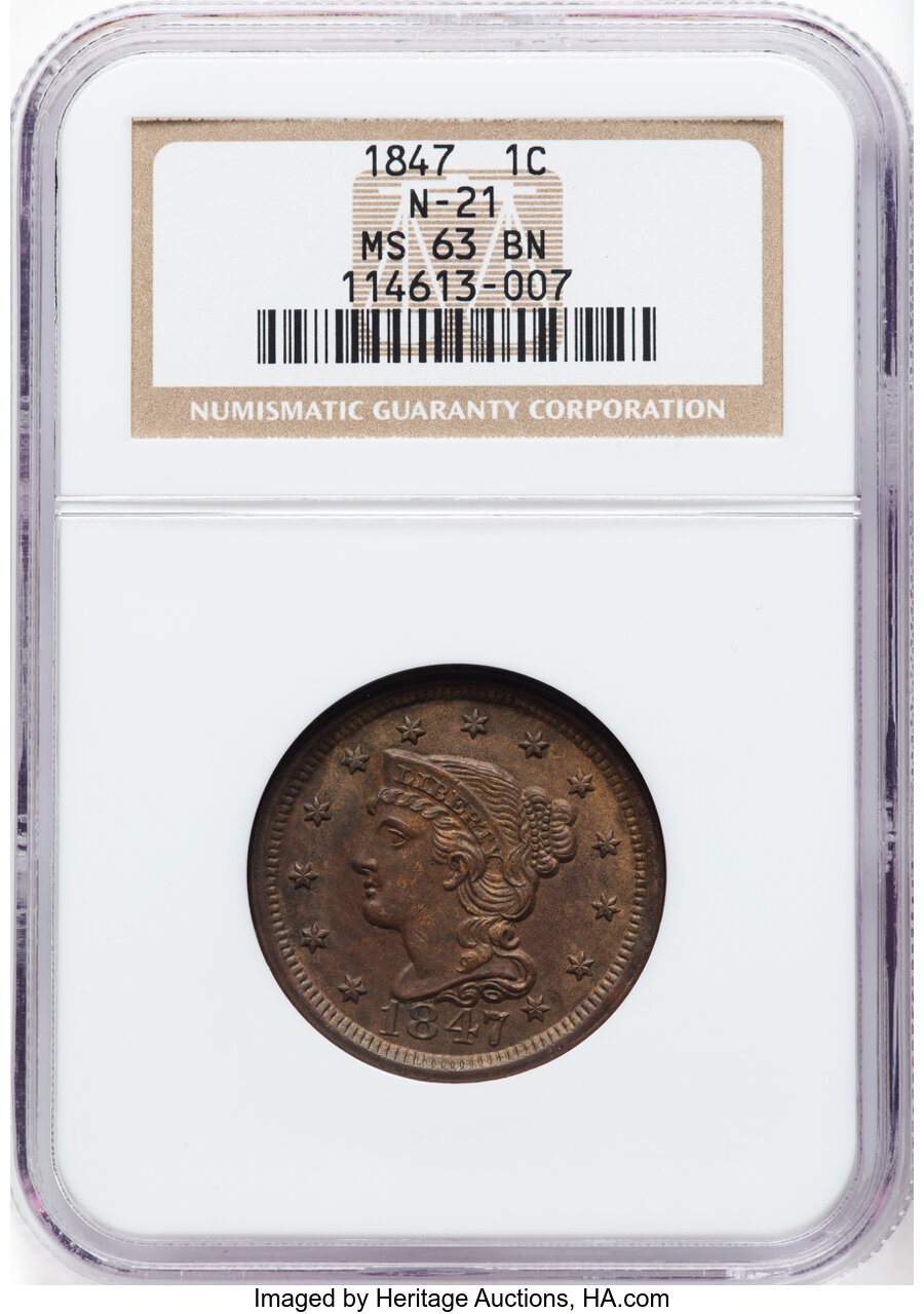 image for: 1847 1C N-21, N-40, R.1, MS63 Brown NGC. NGC Census: (2/2).  Mintage 6,183,669....