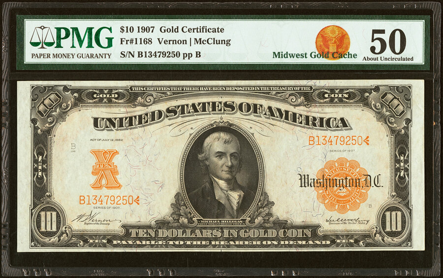 image for: Fr. 1168 $10 1907 Gold Certificate PMG About Uncirculated 50....