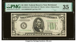 image for: Fr. 1956-E* $5 1934 Mule Federal Reserve Star Note. PMG Choice Very Fine 35....