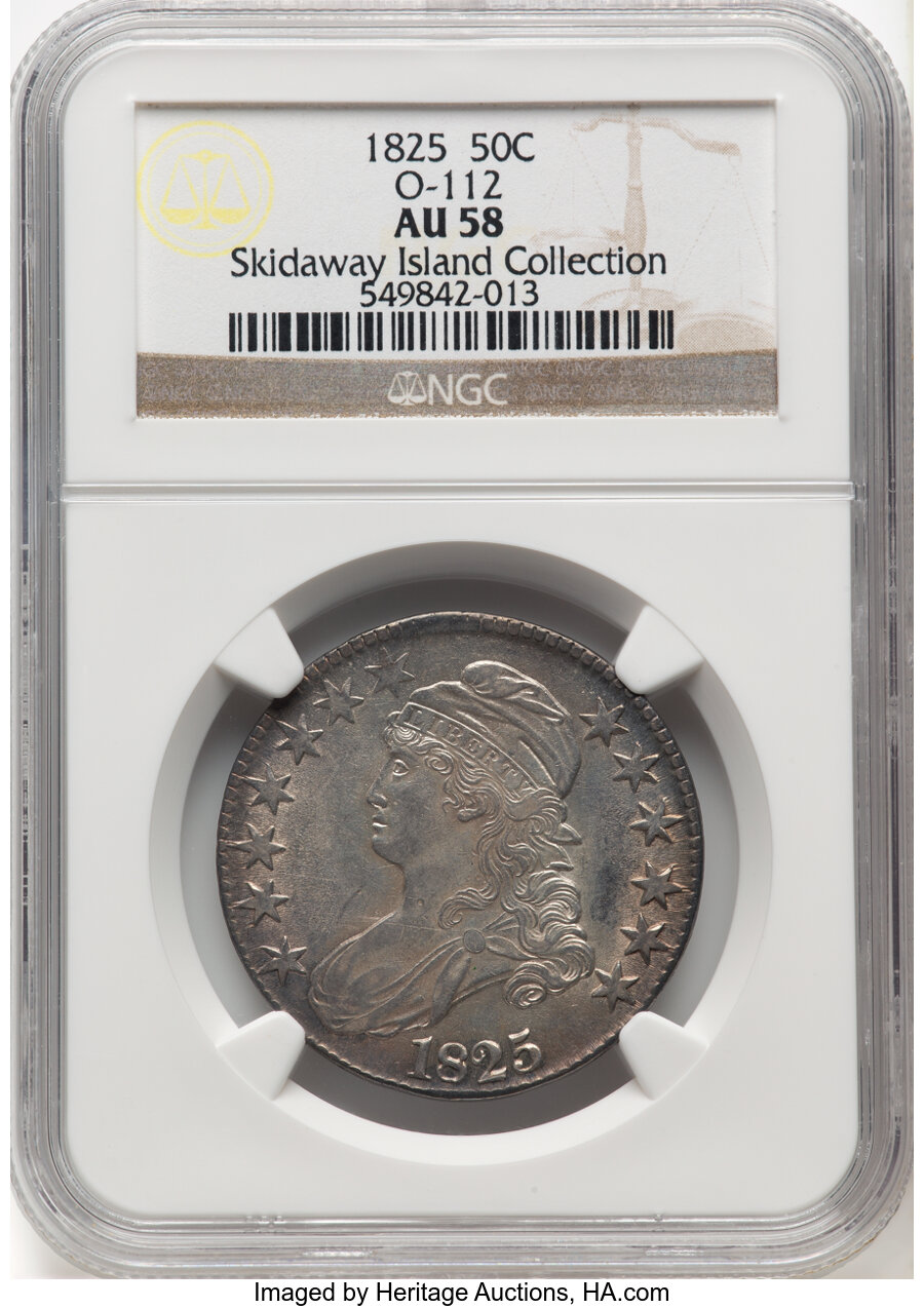 image for: 1825 50C O-112, R.2, AU58 NGC. Ex: Skidaway Island Collection. NGC Census: (6/3).Ex: Long Beach Signature (Heritage, 9/...