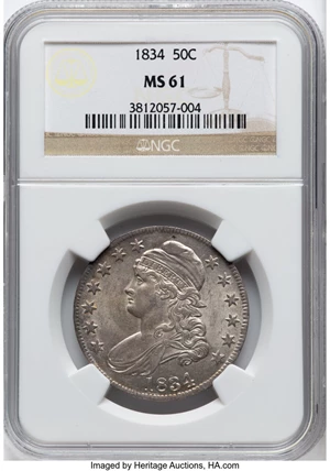 image for: 1834 50C Large Date, Small Letters, O-104, R.2, MS61 NGC. NGC Census: (86/508). Mintage 6,412,004....
