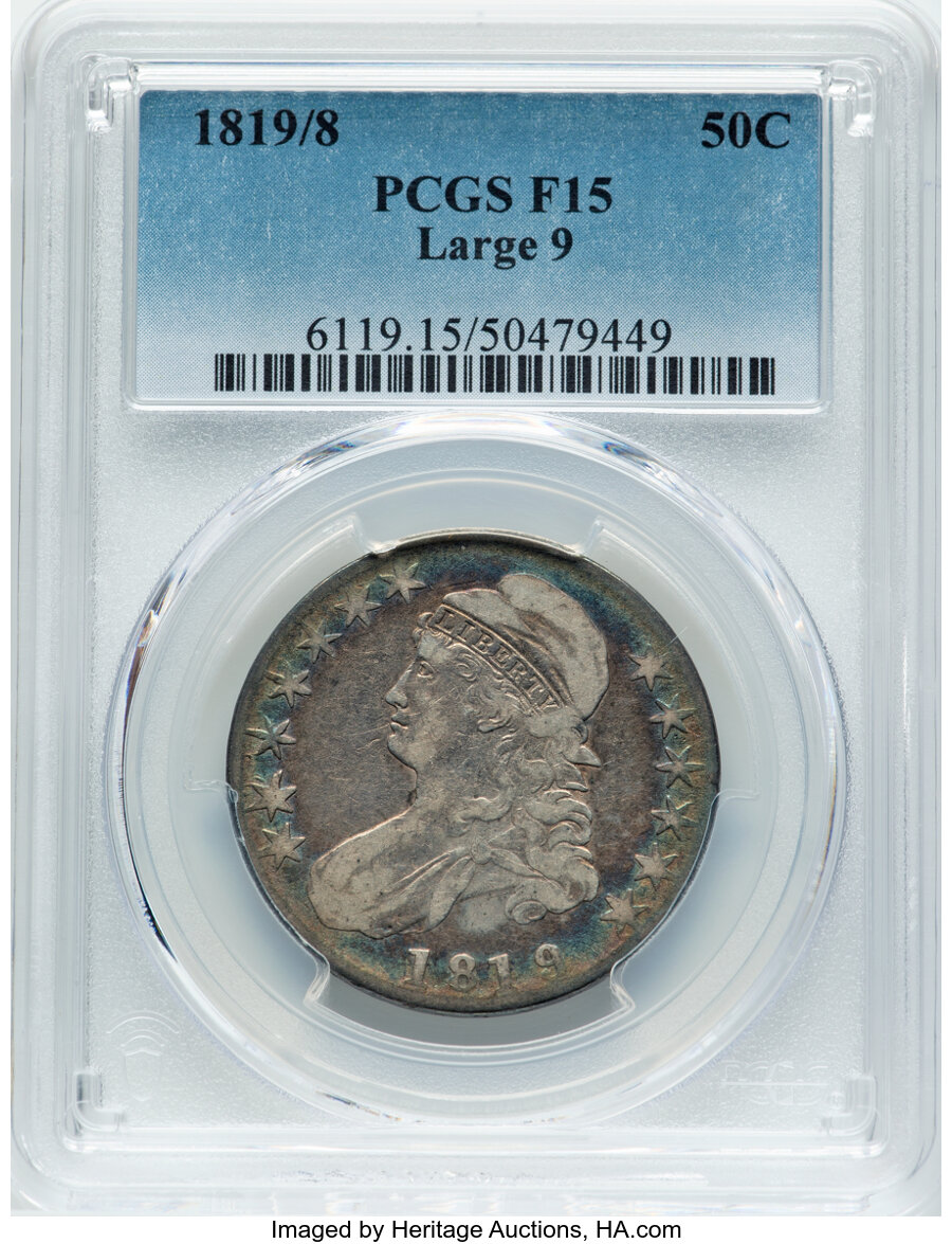 image for: 1819/8 50C Large 9, O-104a, R.5, Fine 15 PCGS. PCGS Population: (12/407)....
