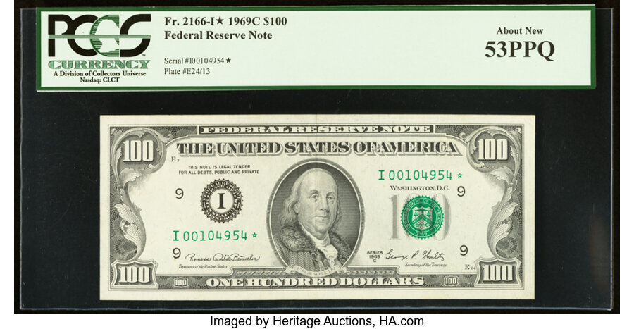 image for: Fr. 2166-I* $100 1969C Federal Reserve Note. PCGS About New 53PPQ....