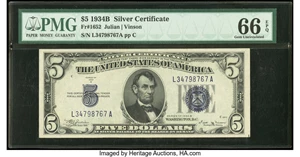 image for: Fr. 1652 $5 1934B Silver Certificate. PMG Gem Uncirculated 66 EPQ....