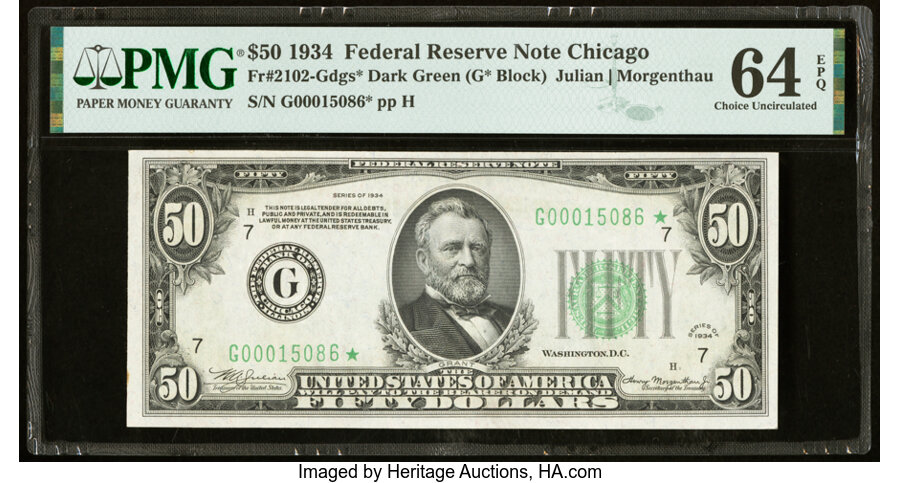 image for: Fr. 2102-G* $50 1934 Federal Reserve Star Note. PMG Choice Uncirculated 64 EPQ....