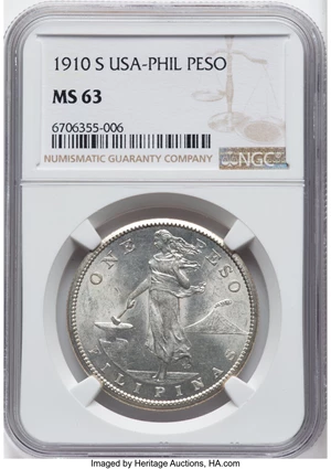 image for: 1910-S USA-Philippines Peso MS63 NGC. NGC Census: (18/11). Mintage 3,153,559....