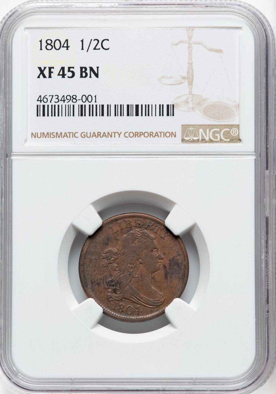image for: 1804 1/2 C Crosslet 4, Stems, C-10, B-9, R.1, XF45 NGC.  Mintage 1,055,312....