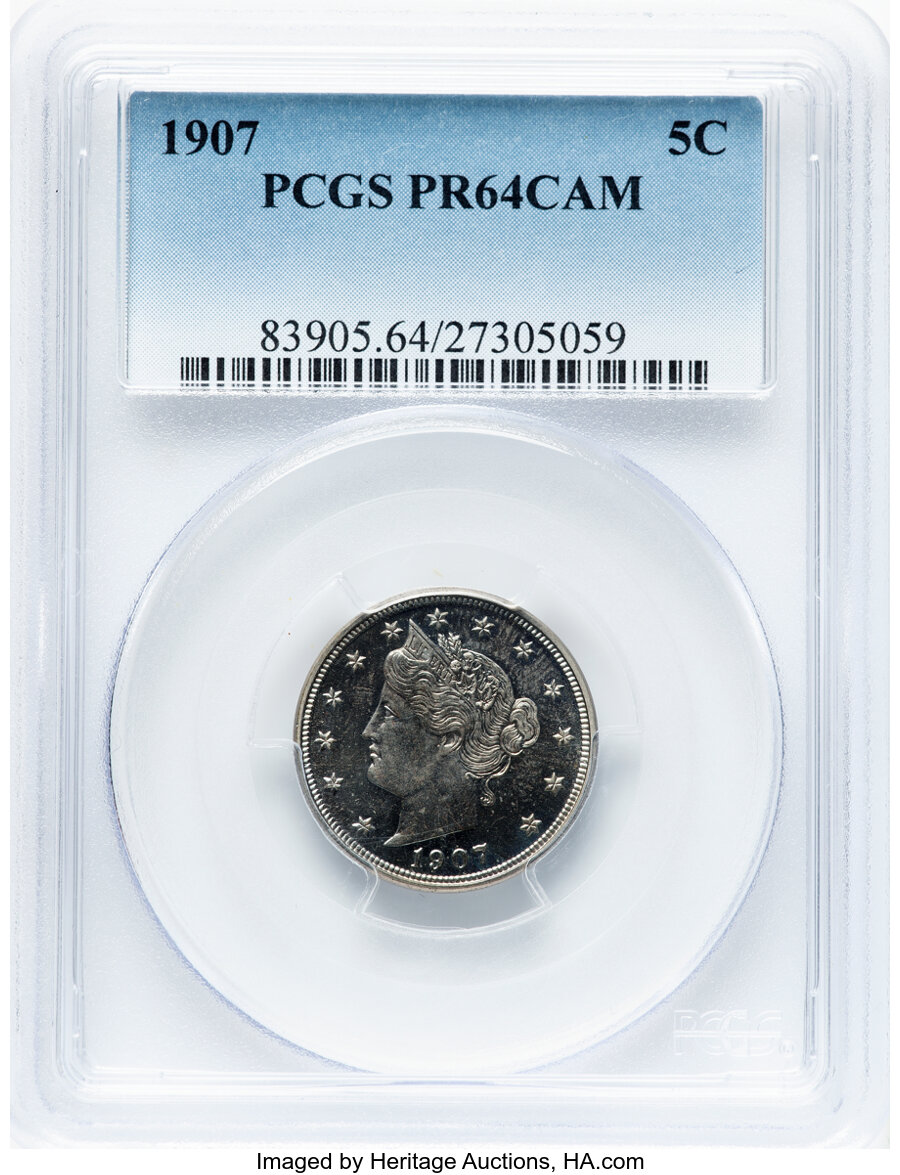 image for: 1907 5C PR64 Cameo PCGS. PCGS Population: (9/25).  ...