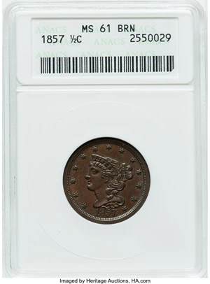 image for: 1857 1/2 C C-1, B-1, R.2, MS61 Brown ANACS. Mintage 35,180....