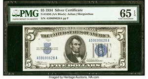image for: Fr. 1650 $5 1934 Silver Certificate. PMG Gem Uncirculated 65 EPQ....