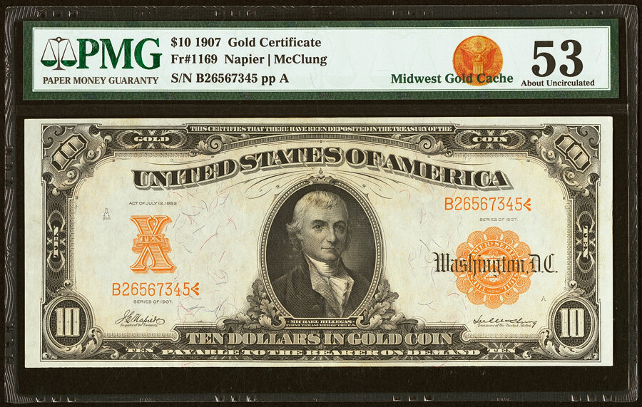 image for: Fr. 1169 $10 1907 Gold Certificate PMG About Uncirculated 53....