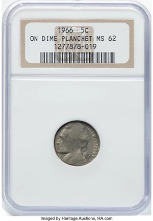 image for: 1966 5C Jefferson Nickel -- On Dime Planchet -- MS62 NGC. NGC Census: (0/356). Mintage 156,208,283....